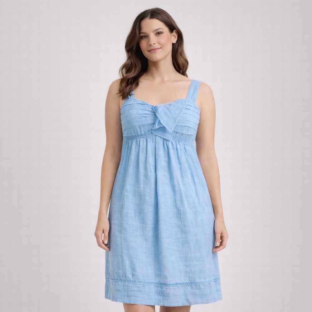 Max Studio Specialty Products Blue Linen Dress Lined Empire Waist Sundress M